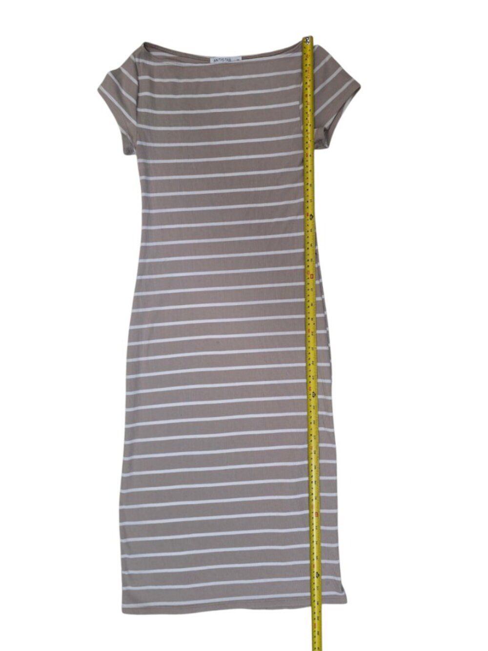 ANTISTAR Beige White Striped Ribbed Knit Short Sleeve Midi Dress Size XS